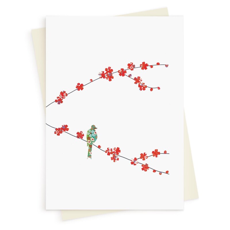 Blossom & one bird greeting card -  designed by Eloise Hall - 15.7 x 11cm and blank inside, made in the UK