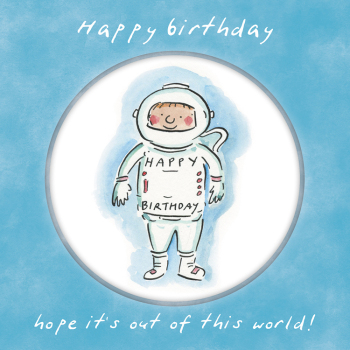 Holy Mackerel Out of this world, a 15cm square astronaut birthday card featuring Rosie Brooks artwork, blank inside for your message