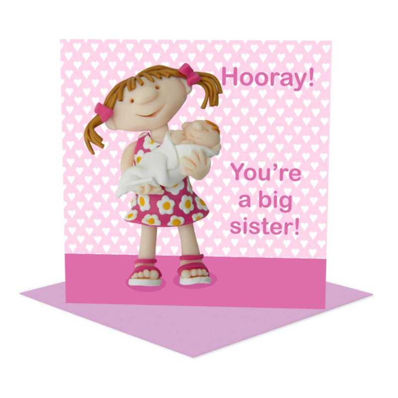 Hooray you're a big sister - new sibling card for a little girl - designed by Erica Sturla - 15cm square and blank inside, made in the UK