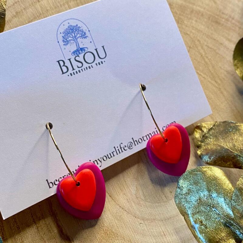 Handmade Polymer Clay Heart Hoop Earrings &ndash; Red & Hot Pink