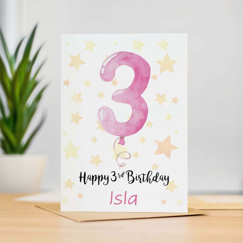 Personalised 3rd Birthday Card For Girl Custom Name Card For Girl Third Birthday Card For Child Birthday Card for Girl Custom 3rd Birthday - Large (5x7) / Blank Message