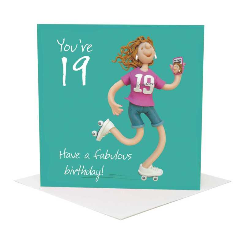 19th birthday card for her - designed by Erica Sturla - 15cm square and blank inside, made in the UK