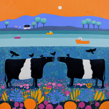 Holy Mackerel tangerine dream cow themed art card for him or her - designed by artist Ailsa Black - 15cm square and blank inside for your message