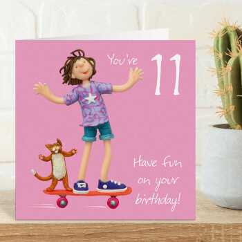 11th birthday card for her - designed by Erica Sturla - 15cm square and blank inside, made in the UK