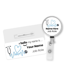 Name Badge & Metal ID Reel - Blue Stethoscope Hello My Name is...