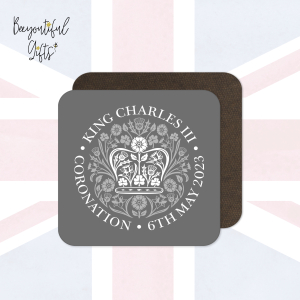 King Charles III Coronation Day May 2023 Official Emblem Wooden Coaster - White