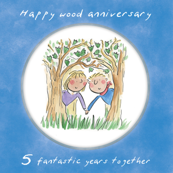 Holy Mackerel 5th (wood) wedding anniversary card by Artist Rosie Brooks. 15cm square and blank inside. Anniversary card for him, her, husband, wife, couple etc
