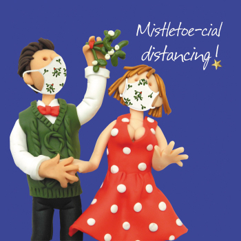 Mistletoe-cial distancing, a face-mask Themed Christmas Card Designed by Erica Sturla for Holy Mackerel. Card is 150mm Square and Blank Inside.