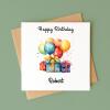 Personalised happy birthday card with balloons and gift boxes, custom name, vibrant colours - Smooth No Message - Kraft Brown