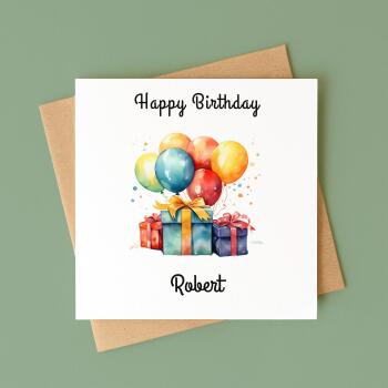 Personalised happy birthday card with balloons and gift boxes, custom name, vibrant colours