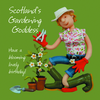 Scotland's Gardening Goddess Birthday Greetings Card, Designed by Erica Sturla for Holy Mackerel. Card is 150mm Square and Blank Inside.
