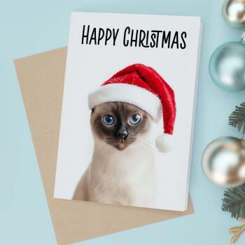 Fun Christmas Card of a Siamese Cat Wearing A Santa Hat Whimsical Christmas Card For Animal Lover For Him or Her