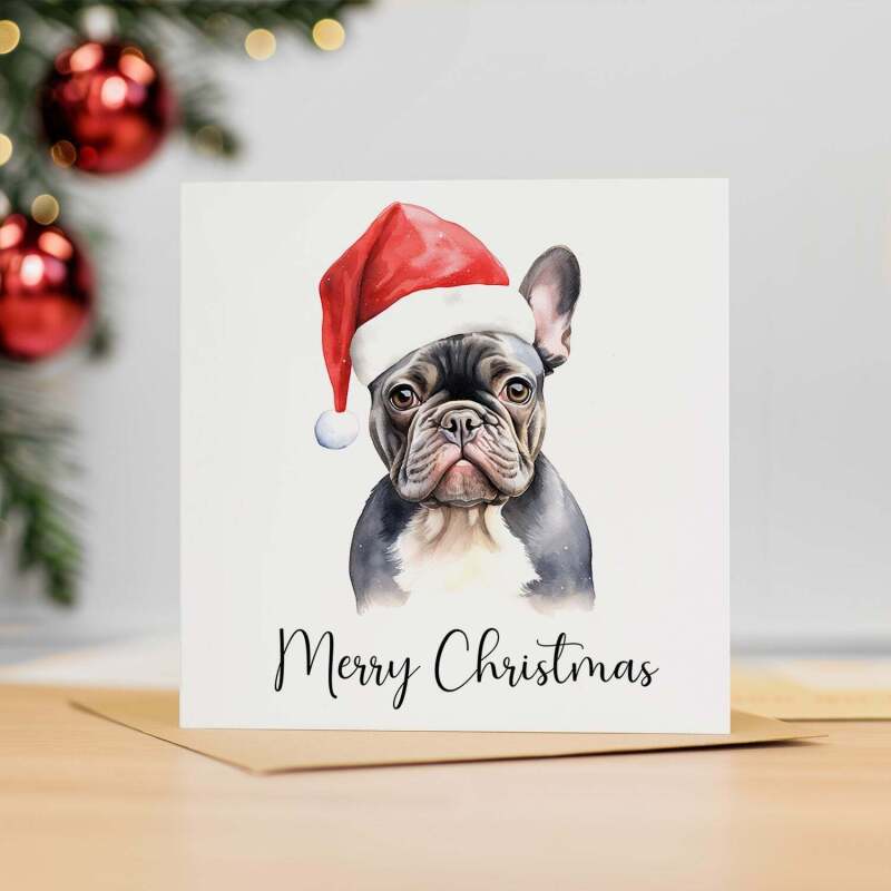 Fun Christmas Card of a French Bulldog Wearing A Santa Hat Whimsical Watercolour Christmas Card For Animal Lover For Him or Her - Square (5.5x5.5) / Blank Inside
