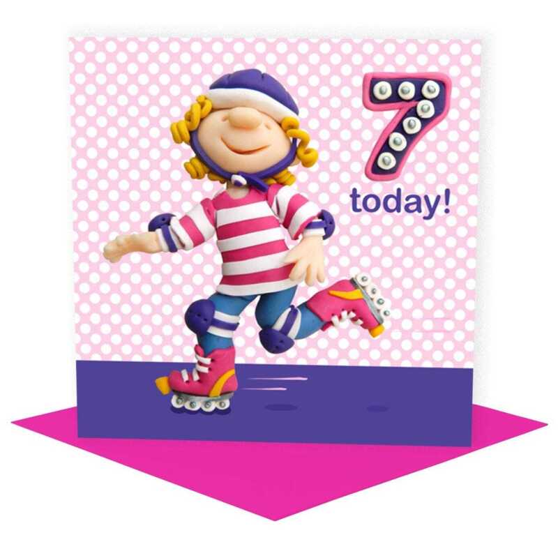 Birthday girl age 7 on rollerblades - child's age birthday - designed by Erica Sturla - 15cm square and blank inside, made in the UK