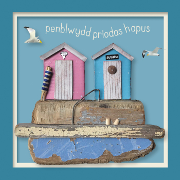 Penblwydd priodas hapus (beach huts) - a 150mm coastal themed Welsh language anniversary card by artist Seth Draper