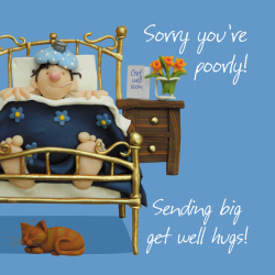 Holy Mackerel Get Well Hugs card - a Get Well Soon card by Erica Sturla with an image of one of her polymer clay figures - 15cm square and blank inside - made in the UK