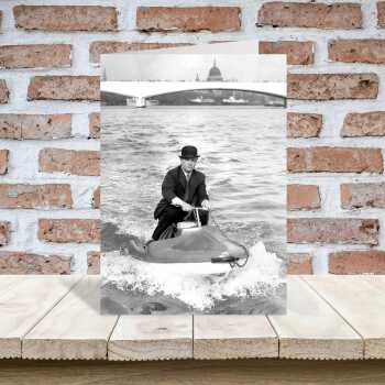 A wet commute- Black and white photographic vintage river boat themed card - 12.6 x 17.7cm and blank inside, made in the UK