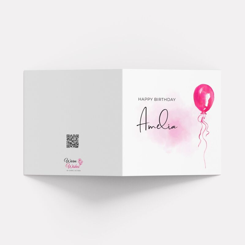 Pink balloon card personalised birthday design custom name script soft greeting - Smooth No Message - Kraft Brown