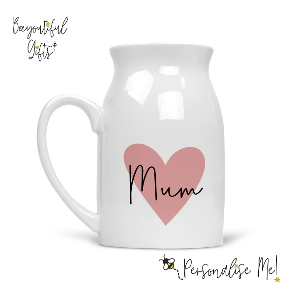 Personalised Ceramic Milk Jug/Small Vase - Pink Heart with Name