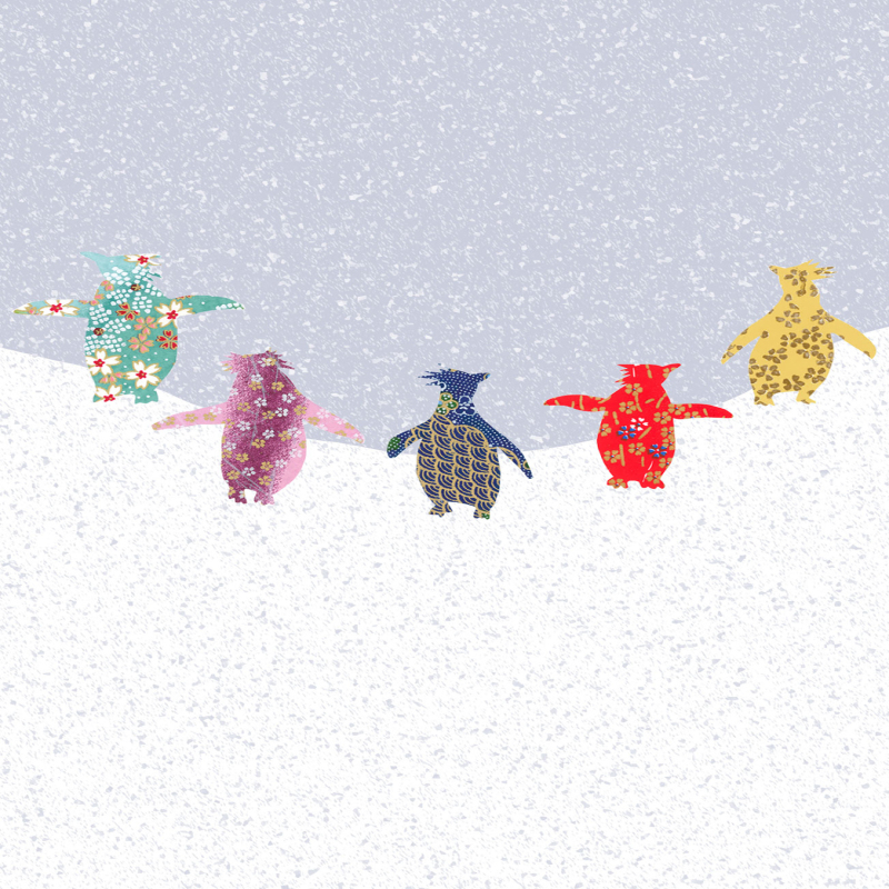 Holy Mackerel rockhopper penguins in snow Christmas card - designed by Eloise Hall - 15.7 x 11cm - blank inside