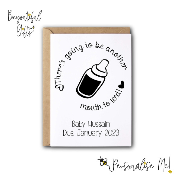 Personalised Pregnancy Announcement Card - There's Going To Be Another Mouth To Feed - Yellow - Small (Approx. A6)