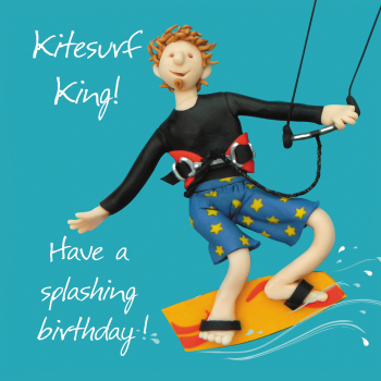 Holy Mackerel kitesurf king male birthday card for him - designed by artist Erica Sturla - 15cm square and blank inside for your message - made in the UK