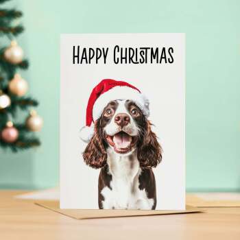 Fun Christmas Card of a Springer Spaniel Dog Wearing A Santa Hat Whimsical Christmas Card For Animal Lover For Him or Her