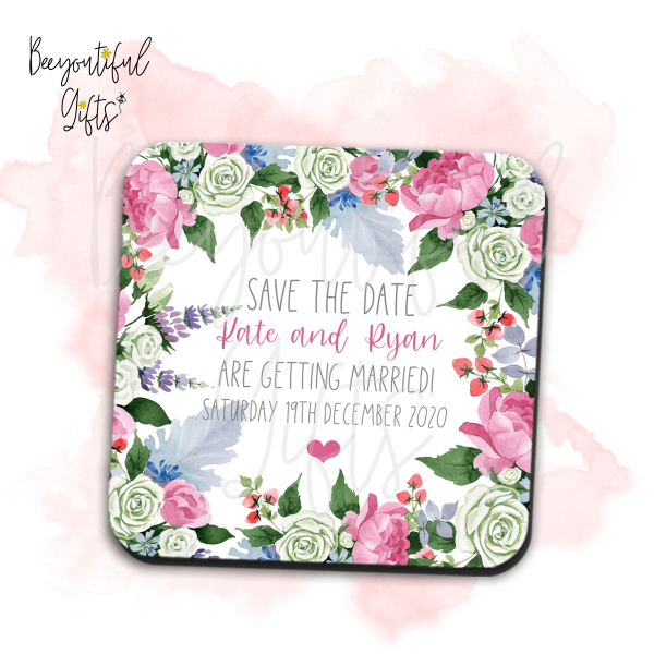 Personalised Save The Date Coaster - Floral Frame - Standard Wooden Coaster