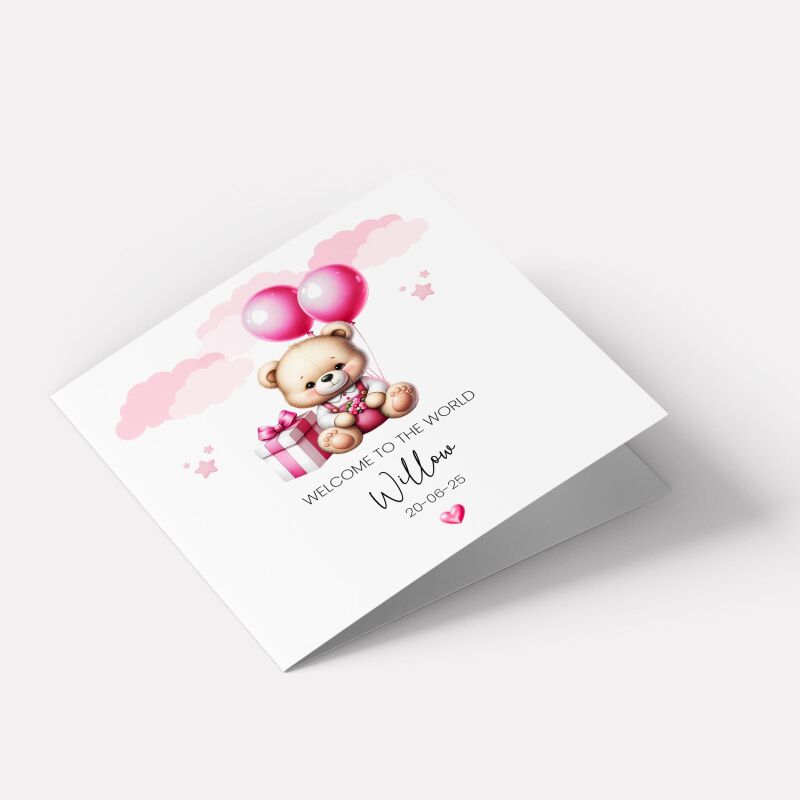 Personalised New Born Baby Girl Card Teddy Bear Birth Announcement &ndash; Pink Balloons Keepsake - Smooth No Message - Kraft Brown