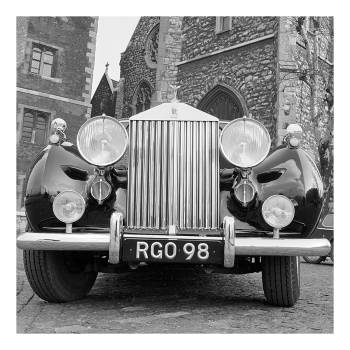 Holy Mackerel Rolls Royce RGO 98 retro black and white photographic card featuring a vintage image of a classic car - 15cm square and blank inside