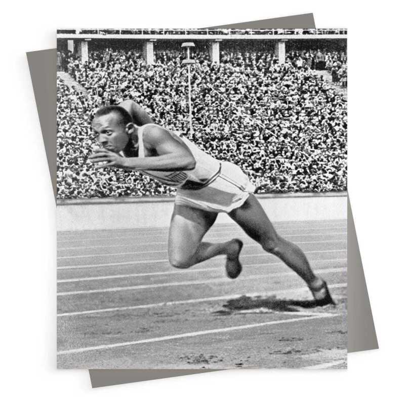 Jesse Owens, photographic black and white Olympics themed card - 12.6 x 17.7cm and blank inside - made in the UK