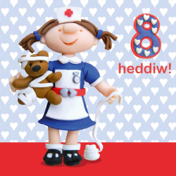 Holy Mackerel 8 Heddiw (eight today) girl's Welsh 8th birthday card featuring a nurse - designed by artist Erica Sturla - 15cm square and blank inside for your message - made in the UK
