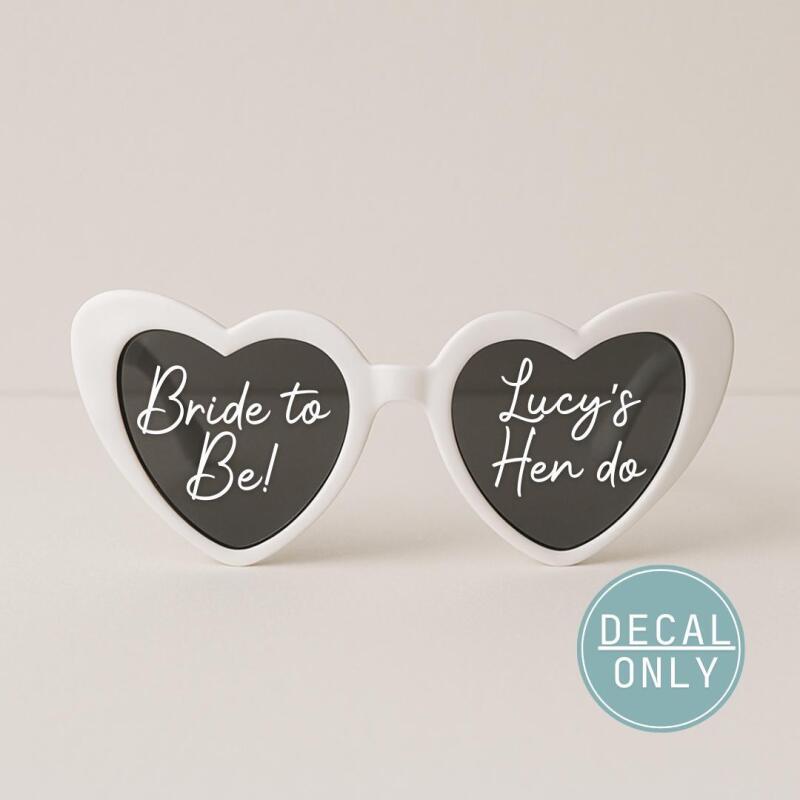 Personalised Wedding Sunglasses Decals / Decal Only / Hen Party Bridesmaid Gifts / Bridal Decals Vinyl / Photo prop / Personalised decals - White