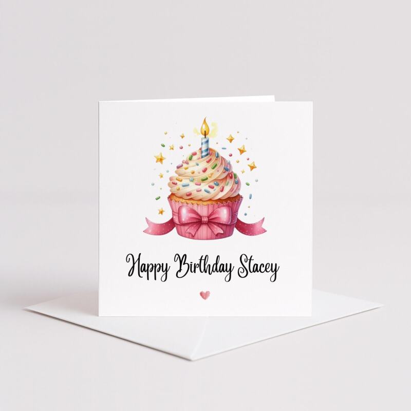 Personalised birthday card pink cupcake candle bow handmade greeting for her or him - Smooth No Message - Kraft Brown