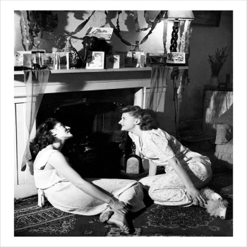 Two Women Sitting by Fireplace - a 17.5 x 12.5cm Christmas Card from Holy Mackerel's Alternative Image Range of Festive Designs.