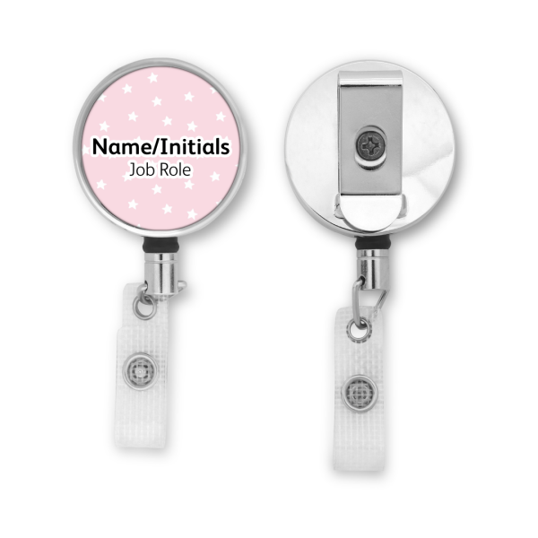 Personalised Metal ID Reel - Stars on Pink Background