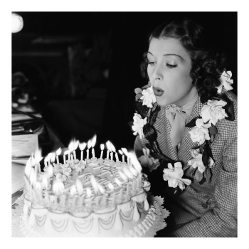 Holy Mackerel birthday garland retro black and white photographic card featuring a vintage image of a woman blowing out her candles - 15cm square and blank inside