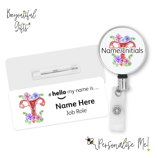 #hello my name is... Name Badge & Metal ID Reel - Floral Uterus