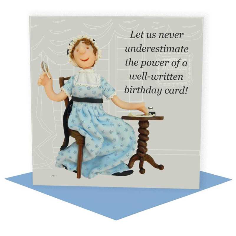Funny Jane Austen birthday card featuring the author at work - designed by Erica Sturla - 15cm square and blank inside, made in the UK