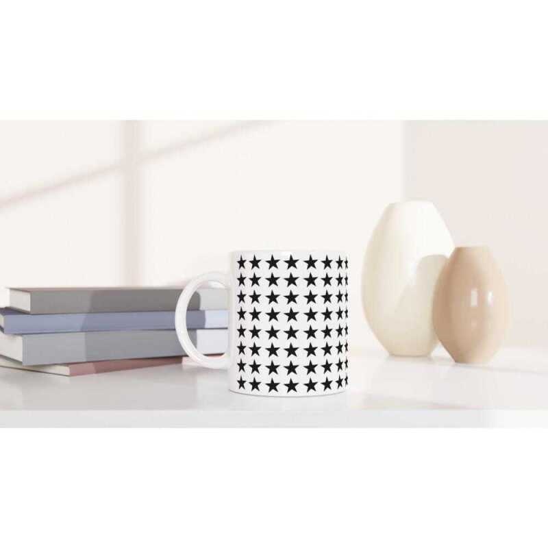 Black Star In Lines Patterned Mug - Ceramic White