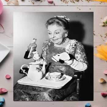 Lady adding gin to her tea - vintage black and white themed card - 12.6 x 17.7cm and blank inside - made in the UK