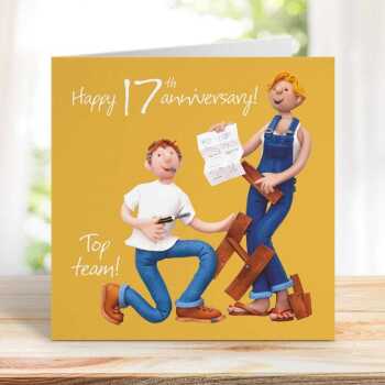 Top team 17th wedding anniversary card for a couple - designed by Erica Sturla - 15cm square and blank inside, made in the UK