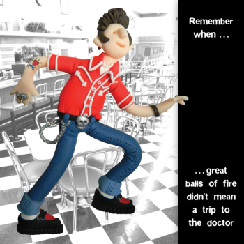 Holy Mackerel great balls of fire birthday card featuring a teddy boy - designed by artist Erica Sturla - 15cm square and blank inside for your message - made in the UK