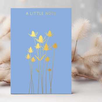 A little note greeting card embellished with a gold foil teasel design -  designed by artist Eloise Hall - 15.7 x 11cm and blank inside