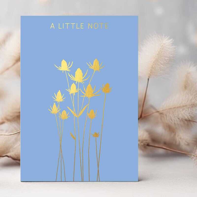 A little note greeting card embellished with a gold foil teasel design -  designed by artist Eloise Hall - 15.7 x 11cm and blank inside