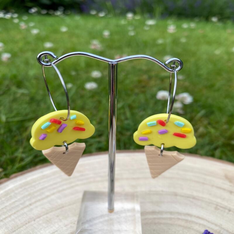 Polymer clay, Ice Cream Cone Hoop Earrings: Fun Summer Jewelry - silver