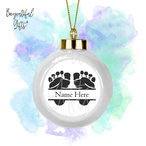 Personalised Ceramic Remembrance Bauble - Baby Feet Monogram