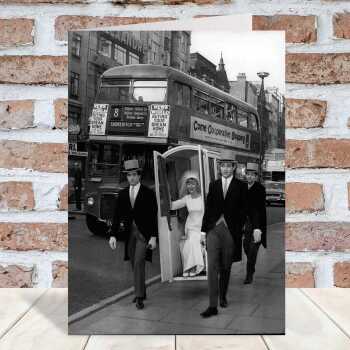 London Wedding - vintage black and white themed card featuring a wedding in London - 12.6 x 17.7cm and blank inside - made in the UK
