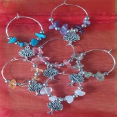 Set of 6 Tree of Life Wine Glass Charms with Crystals.
