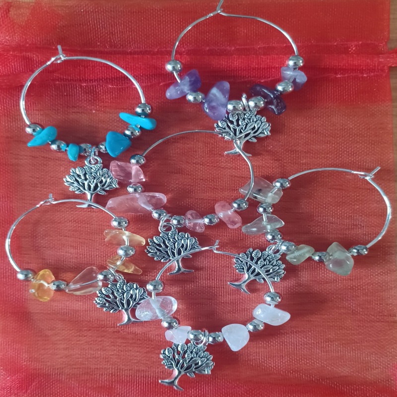 Set of 6 Tree of Life Wine Glass Charms with Crystals.